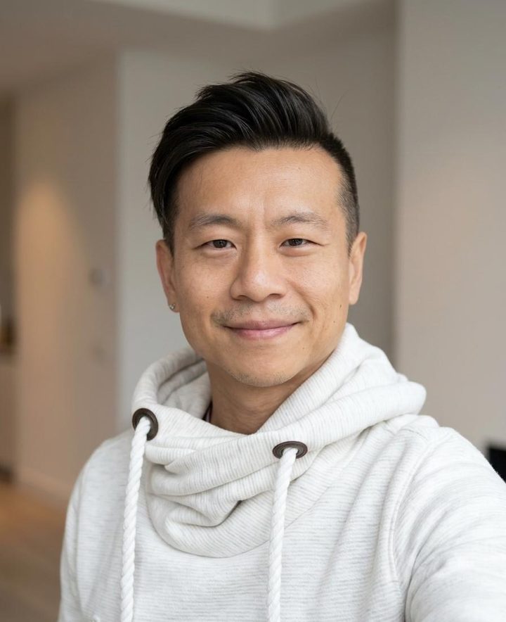 Alvin Huang in a white hoodie, smiling.