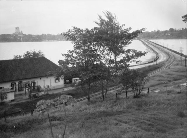The Causeway between Singapore and Johore in 1945.